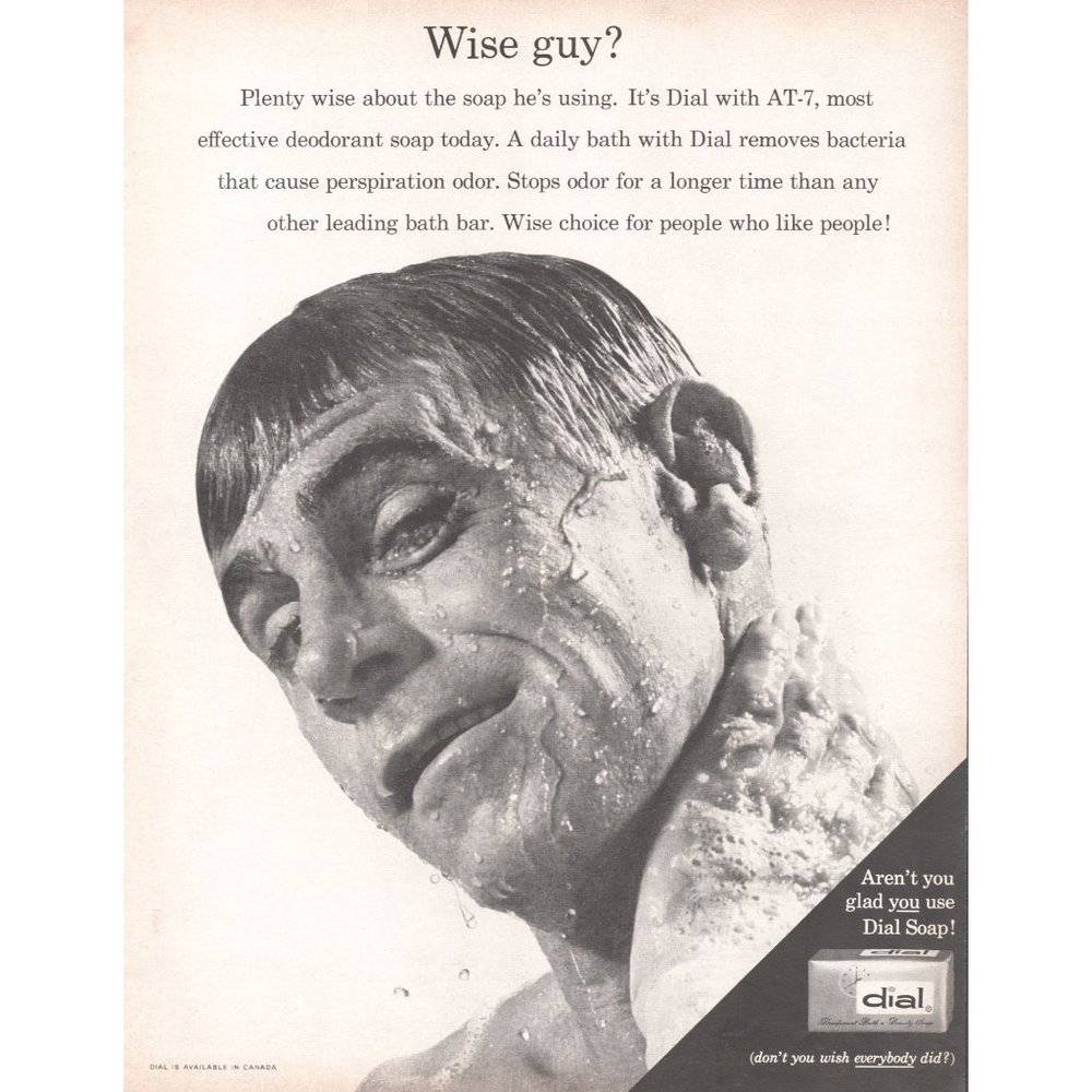 1964 Dial Soap Wise Guy AT-7 Deodorant Vintage Print Ad Man in Shower 10x13